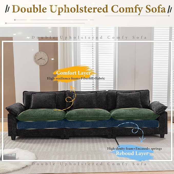 URRED Modular Sectional Sofa Comfy Cloud Couch, Modern Chenille Sofa Sleeper Deep Seat Couches with Ottoman/Pillows for Living Room (Black, 117'')-Ruum Studio Home