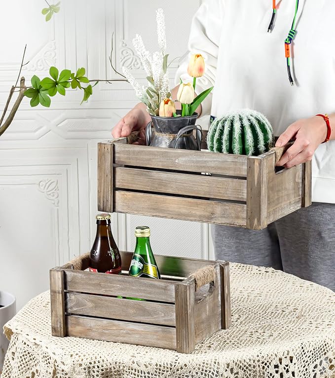 TIMRIS Set of 3 Rustic Wood Nesting Crates, Farmhouse Wooden Storage Container Boxes with Cutout Handles, Decorative Wooden Baskets for Display (Rustic Gray)-Ruum Studio Home