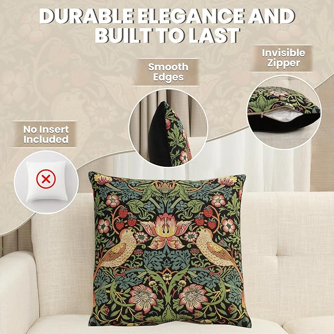 Charlotte Home Furnishings Throw Pillow Covers, Decorative Boho Pillow Covers for Couch, Living Room, Black Strawberry Square Cushion Cases 18x18 in, European Cotton Jacquard Woven, Cozy Bedroom Decor-Ruum Studio Home