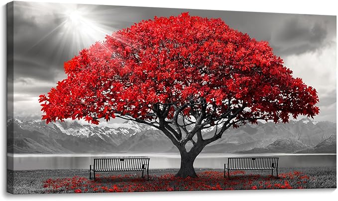 AJAZIKO Red Wall Art - Modern Framed Wall Art for Living Room - Red Tree Black and White Landscape Canvas Prints Posters & Prints for Home Office Bedroom Decorations - Large Wall Pictures 24×48IN-Ruum Studio Home