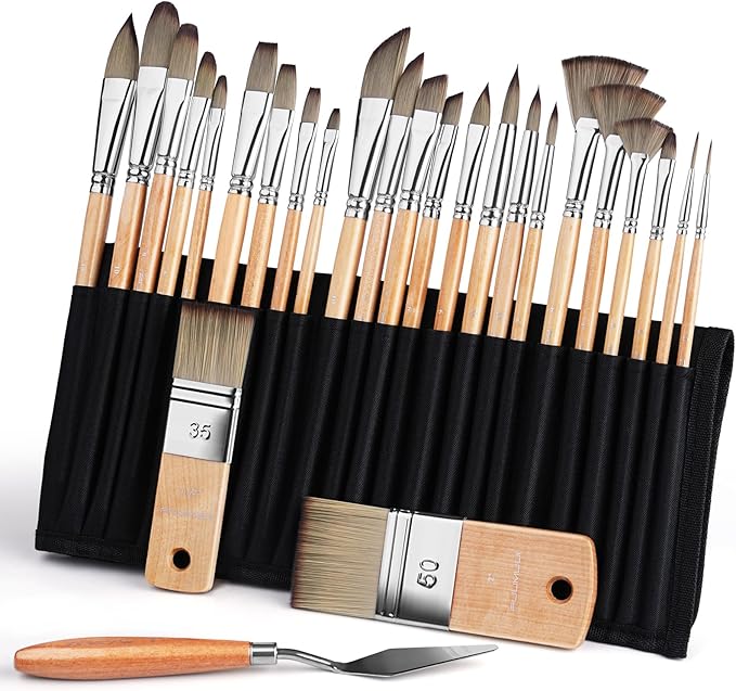 Fuumuui 26pcs Paint Brushes, Professional Acrylic Paint Brush Set Artists Complete Range of Sizes with Upgraded Short Handle Wide Flat & Palette Knife for Acrylic, Oil, Watercolor, Gouache-Ruum Studio Home