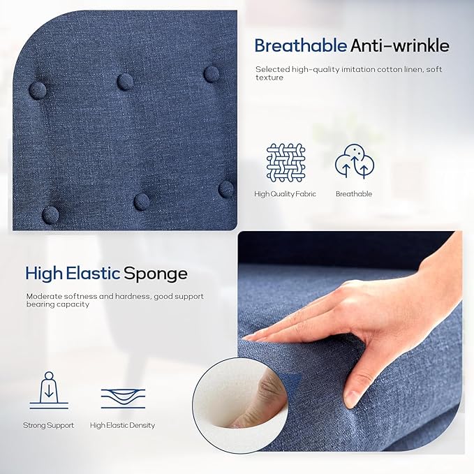 HUIMO Accent Chairs Set of 4, Upholstered Button Tufted Armchair, Linen Fabric Sofa Chairs for Bedroom, Living Room, Mid Century Modern Comfy Reading Chair (4, Dark Blue)-Ruum Studio Home