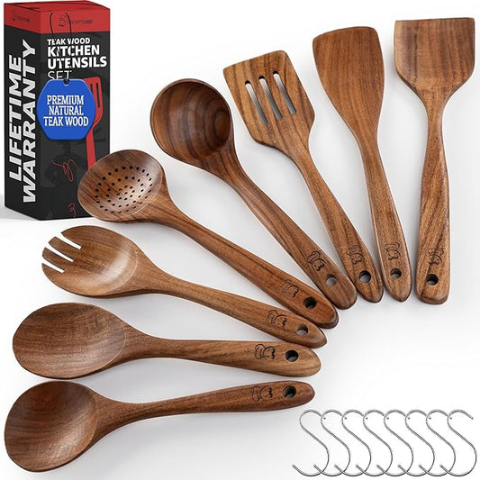PriorityChef Premium Wooden Spoons for Cooking - 8pc Smooth Finish Teak Utensil Set with Hanging Hooks, Heat-Resistant & Nonstick Safe, Ideal for Gifting-Ruum Studio Home