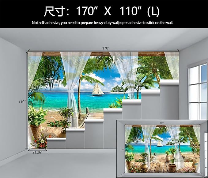 WFBHUA-Wall Mural Tropical Beach Palm Tree Wallpaper Balcony Window Seascape Landscape Wallpaper for Bathroom Living Room Bedroom (Not Peel and Stick)-Ruum Studio Home