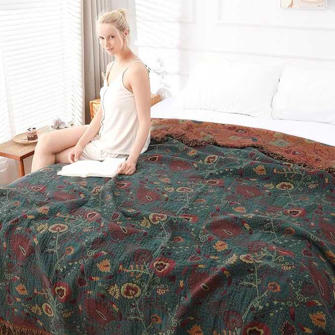 Boho Throw Blanket for Bed - 100% Pure Cotton Ultra Soft Rustic Quilt - Farmhouse Decor Bed Blankets, All Season Rustic Throw for Sofa Couch Chair(80''x 90'', Floral)-Ruum Studio Home