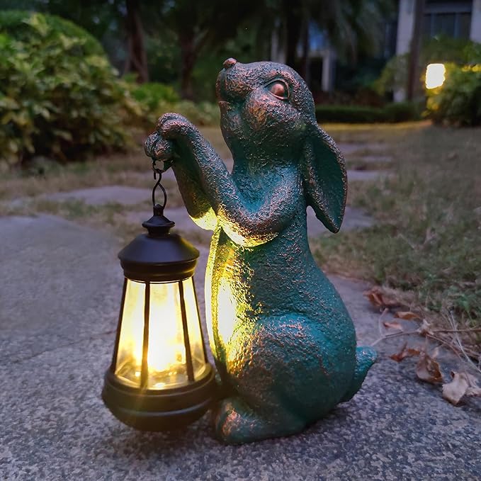 JOYBEE Garden Statues Rabbit with Solar Lantern Outdoor Decor-Rabbit Solar Figurines Lights Decorations for Patio Yard Lawn Ornaments-Gifts for Birthday Easter Housewarming-Ruum Studio Home