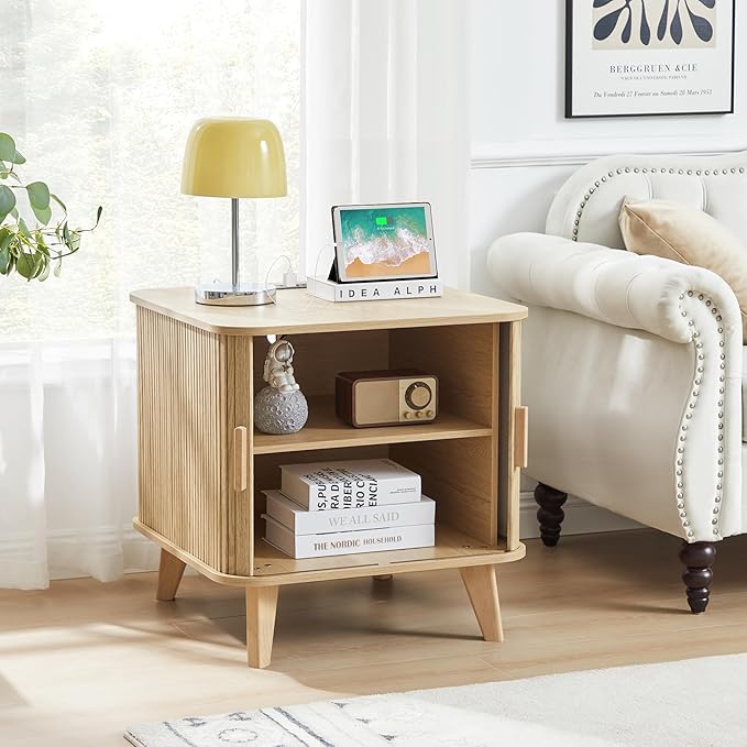 AVZEAR 24" Large Square End Table with Charging Station, Farmhouse Fluted Sofa Side Table with Sliding Tambour Door & Storage, Curved Rustic Wood Nightstand for Living Room, Bedroom, Natural-Ruum Studio Home
