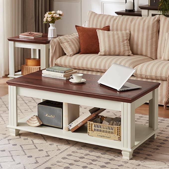 Farmhouse Coffee Tables for Living Room,Square Tea Table with Open Storage Shelf,Large Coffee Table,Rustic Wooden Center Table,White-Ruum Studio Home