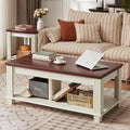 Farmhouse Coffee Tables for Living Room,Square Tea Table with Open Storage Shelf,Large Coffee Table,Rustic Wooden Center Table,White-Ruum Studio Home