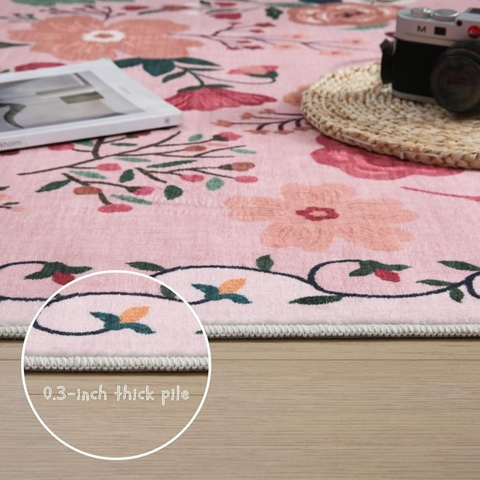 Bedroom Rug 3x5 Rug Washable Area Rug Non Slip Low Pile Boho Floral Small Carpet for Bedroom, Bedside, Kitchen, Entryway, Kids Room, Office, College Dorm Essentials for Girls(Pink)-Ruum Studio Home