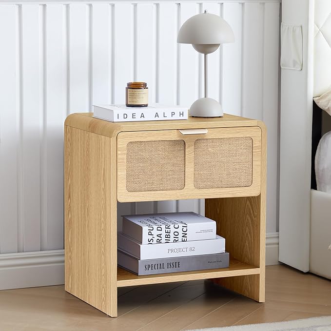LEVNARY Nightstand Set of 2, Mid-Century Modern Bedside Table with Charging Station and Fabric-Like Textured Drawer, Wooden End Table for Farmhouse Bedroom Living Room (2, Natural)