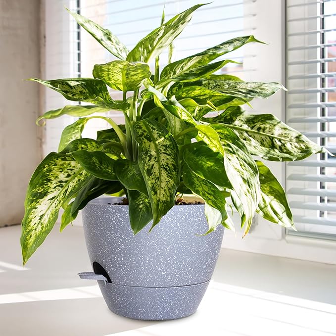Big Self Watering Pots 12/10/9 inch, Planter, Plant Pots with Mesh Drainage Holes for Indoor Outdoor Garden Plants, Plastic Flower Pots with Removable Deep Reservoir, Speckled Grey-Ruum Studio Home