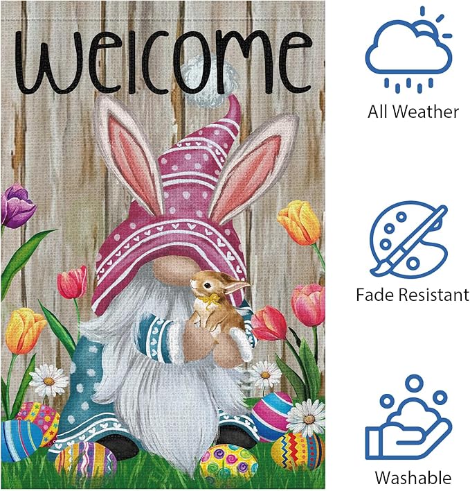 Welcome Easter Gnome Garden Flag 12x18 Double Sided Burlap, Funny Bunny Floral Small Yard Flag Banner for Holiday Farmhouse Outdoor Decor (ONLY FLAG)-Ruum Studio Home