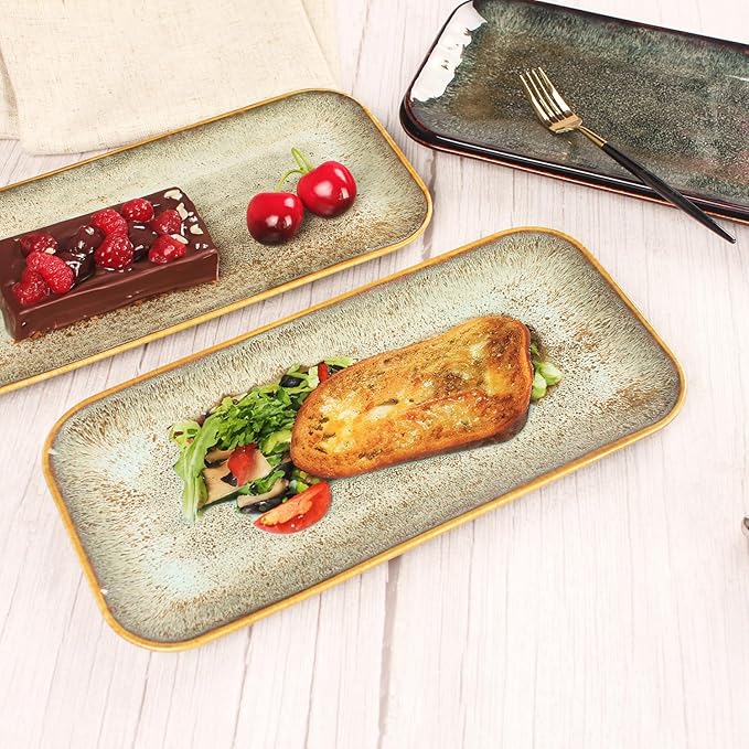Ceramic Dinner Plates Dish Set, Set of 4, Microwave Oven and Dishwasher Safe,Scratch Resistant, Dinnerware Kitchen Porcelain Serving Dishes Brown glaze change, 12.4 Inch Rectangle plate-Ruum Studio Home