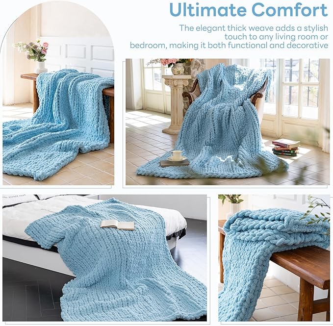 Chunky Knit Blanket - Luxury Soft Cozy 40 * 50 Throw Blanket,100% Woven Blanket Rope Knot Throw Blanket for Couch, Sofa, Home Decor, Gift - Machine Washable（Light Blue）-Ruum Studio Home