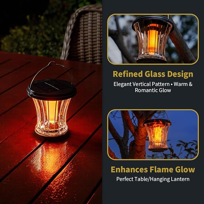 Glass Solar Lantern Outdoor Lights Waterproof, Flickering Flame Solar Lights with Modular Design, Auto On/Off Decorative Hanging Lanterns for Patio Garden Pathway Camping Deck Yard (4 Pack)-Ruum Studio Home