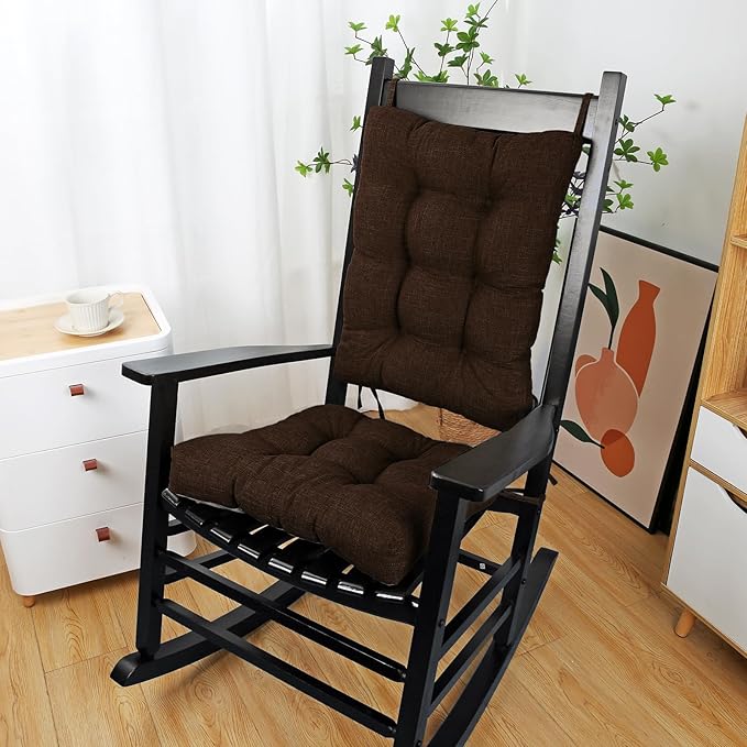 BUYUE Chair Cushion Set for Rocking Chair, Back Pillow & Seat Cushion with Ties, Original Woven Fabric Non-Slip Chair Pads for Elderly Sitting, Chocolate-Ruum Studio Home