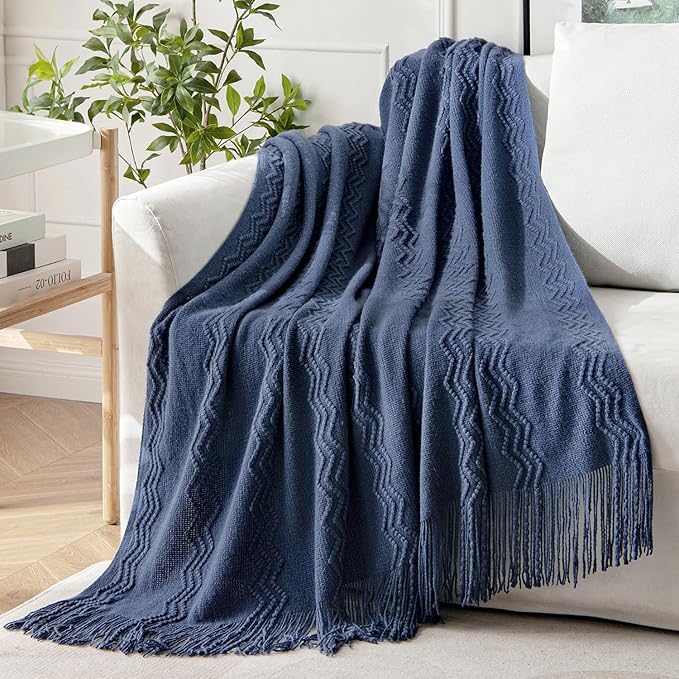 MIULEE Navy Blue Knitted Throw Blanket for Couch Textured Knit Blanket with Tassels Cozy Woven Boho Bed Blanket for Sofa Bed Chair Acrylic Wave Pattern 50"x60"-Ruum Studio Home
