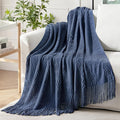 MIULEE Navy Blue Knitted Throw Blanket for Couch Textured Knit Blanket with Tassels Cozy Woven Boho Bed Blanket for Sofa Bed Chair Acrylic Wave Pattern 50"x60"-Ruum Studio Home