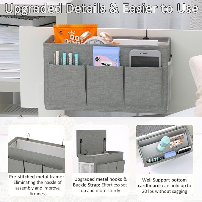 Dual-purpose Bedside Caddy Bedside Organizer, Bed Caddy with 6 Pockets, Versatile Bedside Storage Solution Magazine Remotes holder, ideal for Home, Dorm, Hospital, Crib Bed (Grey)-Ruum Studio Home