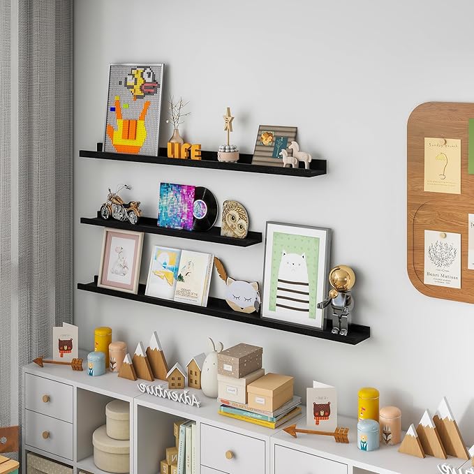 Solid Ash Wood Floating Shelves, Wood Picture Ledge Shelf Set of 2, 48 Inch Long Large Photo Ledge Shelves, Nursery Book Shelves Wall Mounted for Living Room Kids' Bedroom Decor, Black-Ruum Studio Home
