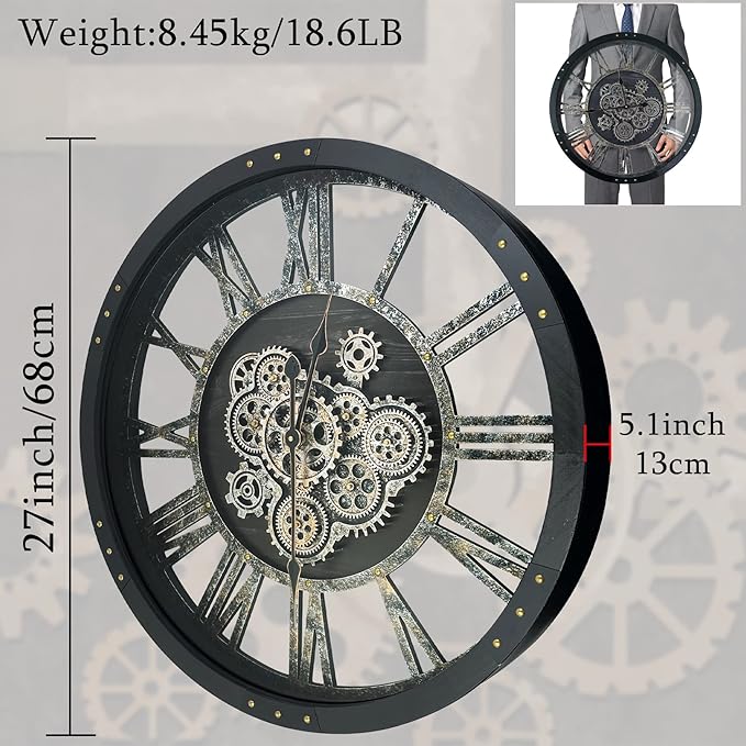 27 Inch Moving Gear Wall Clock, Oversized Wall Clocks, Clock Living Room Decor, Solid Wood Frame, Battery Operated, Large Wall Clock with Steampunk Industrial for Fireplace(Black)-Ruum Studio Home