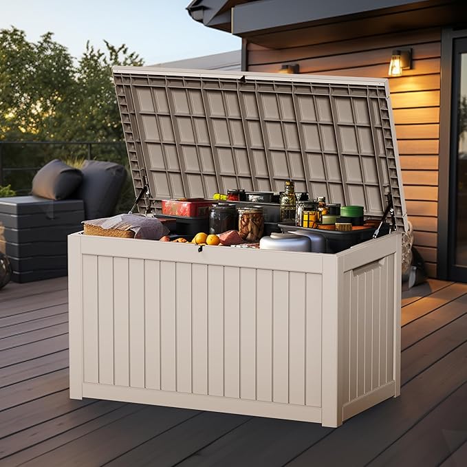 230 Gallon Outside Storage Box, Resin All Weather Storage Cabinet, Large Deck Box for Garden Tools, Patio Furniture, Sports Equipment, Light Brown-Ruum Studio Home