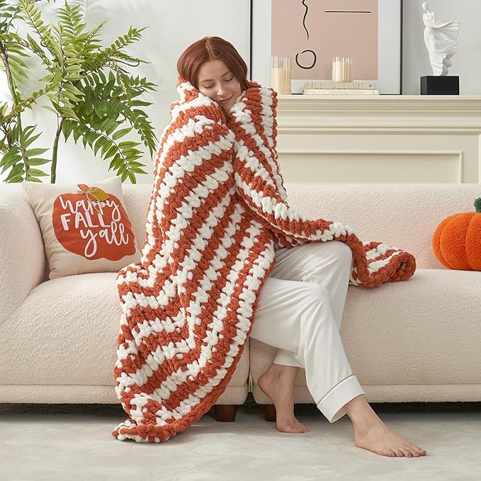 Amélie Home Chunky Knit Throw Blanket for Couch, Soft Chenille Crochet Blanket for Sofa, 50"x60", Burnt Orange & White Striped-Ruum Studio Home