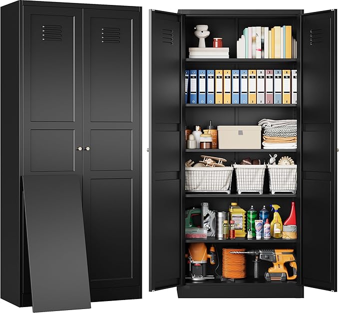 SISESOL Black Storage Cabinet,71" Tall Pantry Cabinet,Kitchen Pantry Storage Cabinets with 2 Doors and 6 Shelves,Wide Deep Metal Food Cupboard for Home,Kitchen,Dining/Living Room-Ruum Studio Home