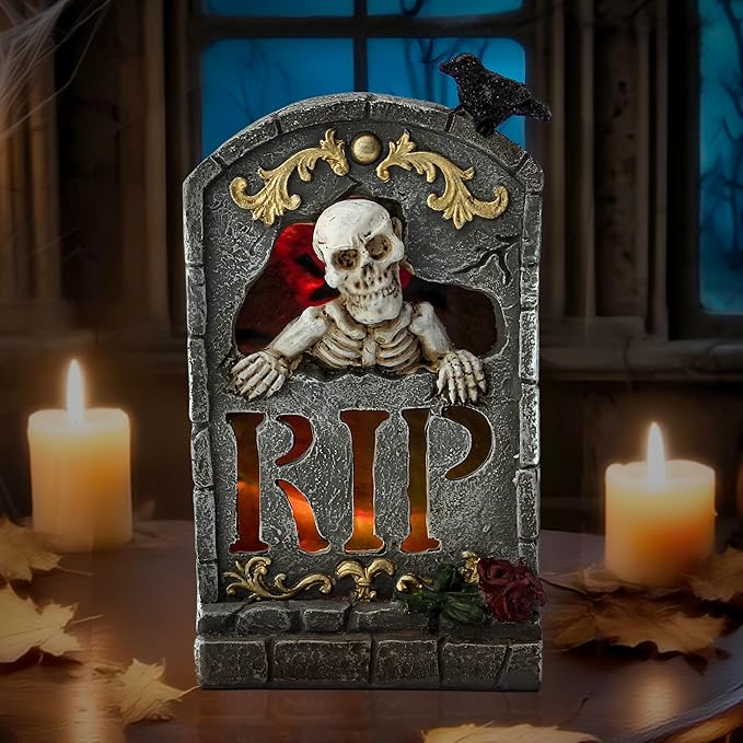 Halloween Decoration Indoor 7.6″ Tombstone Statue with LED Lights Spooky Skull Head Gravestone Skeleton RIP Lighting Changes Halloween Village for Table Shelf Home Party Outdoor Decor Gifts-Ruum Studio Home