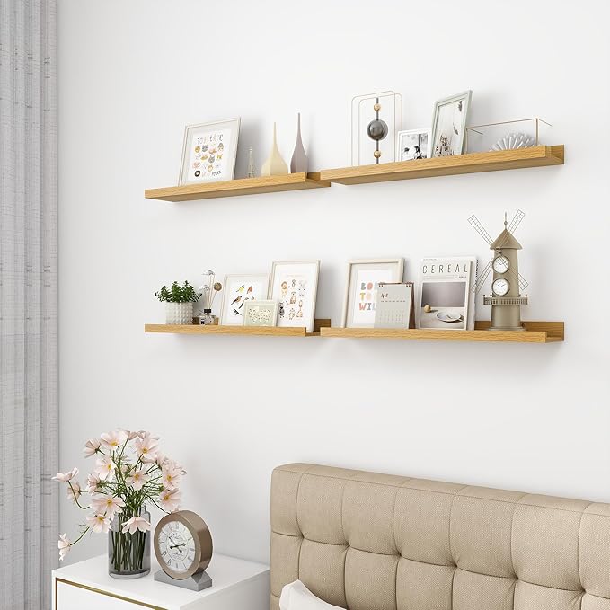Picture Ledge Shelf, Wood Floating Shelves Set of 4, 24 inch Picture Ledge Shelves, Photo Ledge Nursery Book Shelves Wall Mounted for Living Room Kids' Room Bedroom, Color Oak-Ruum Studio Home