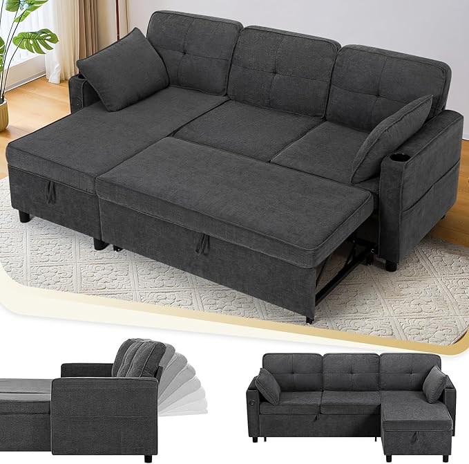 84 Inches Fabric Sectional Sofa w/Pull Out Sofa Bed & Adjustable Back, Tufted L Shaped Couch w/Storage Chaise, Sleeper Sectional Sofa w/USB Port & Cup Holders for Living Room, Grey-Ruum Studio Home