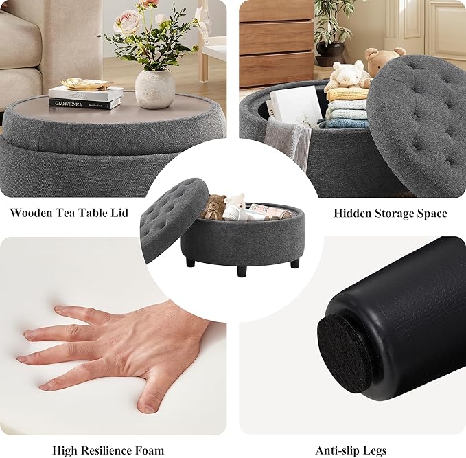 COLAMY Fabric Round Storage Ottoman with Reversible Tray Lid – Multi-Functional Footrest, Hidden Storage, Sturdy & Stylish Small Coffee Table for Living Room, Bedroom, or Entryway(Dark Grey)-Ruum Studio Home