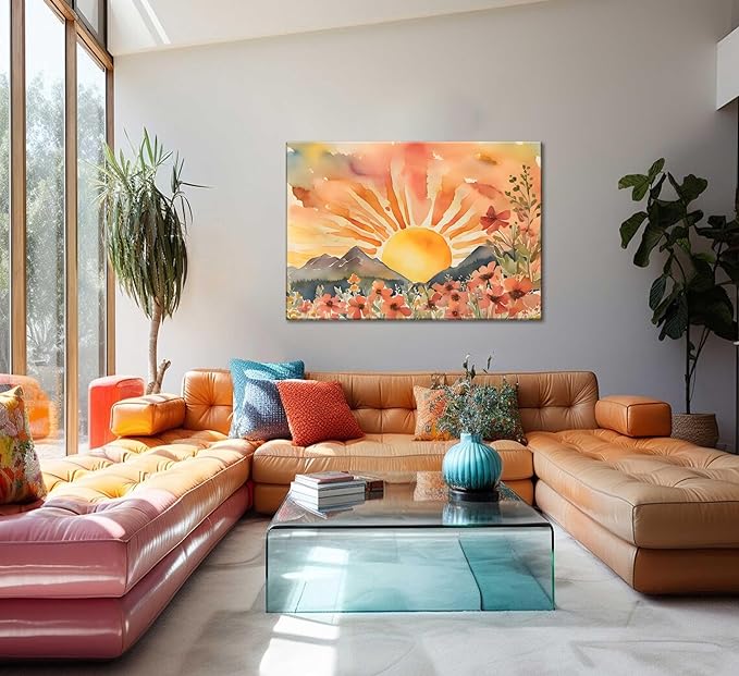 Boho Sun Canvas Wall art Mid-Century Modern Abstract Bohemian Sunset in The Mountains Watercolor Wildflowers Sunrise Landscape Picture Wall Decor Poster Print Artwork for Living Room Bedroom-Ruum Studio Home