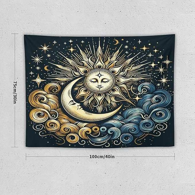HZOHNAGO Sun Moon Tapestry Boho Golden Stars Pattern Printed Wall Tapestry Wall Hanging for Bedroom Living Room Dorm 40" W x 30" H-Ruum Studio Home
