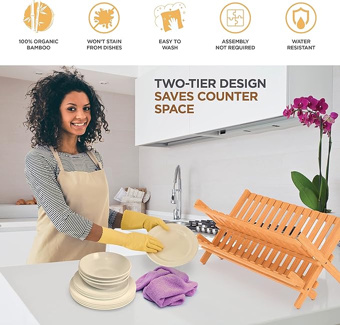 BAMBUSI Dish Drying Rack - Collapsible 2-Tier Bamboo Dish Rack for Kitchen Counter, Wooden Dish Drainer with Foldable Space-Saving Design - Drying Rack for Dishes, Plates, and Cups - Housewarming Gift-Ruum Studio Home