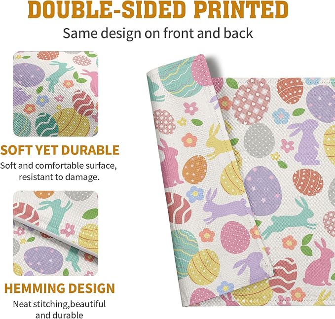 Easter Eggs Bunny Floral Placemats Set of 4 Watercolor Egg Floral Place Mat 12x18 Inch Seasonal Spring Colorful Washable Linen Table Mats for Party Kitchen Dining Outdoor Indoor Decor-Ruum Studio Home