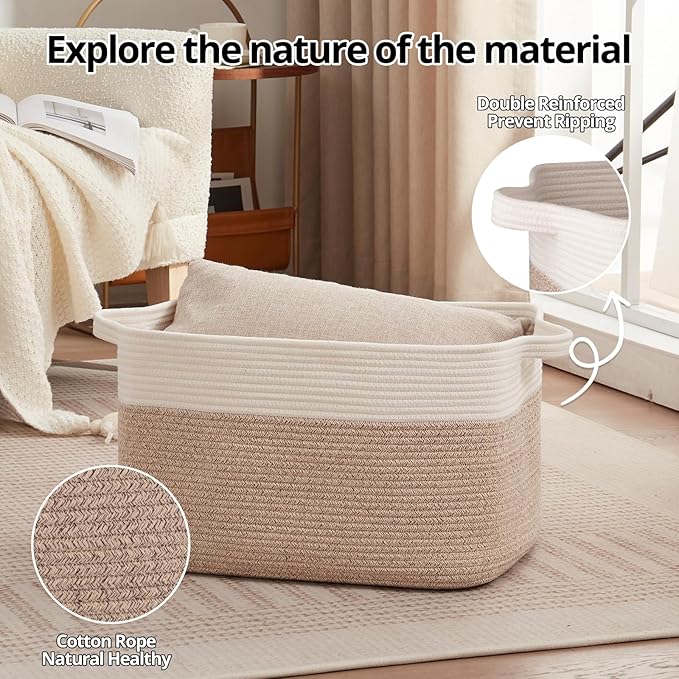 OIAHOMY 65L Blanket Basket, Cotton Rope Woven Blanket storage for Living Room, Rectangle Woven Baskets for Storage, 20''×16''×12'', Brown and White-Ruum Studio Home