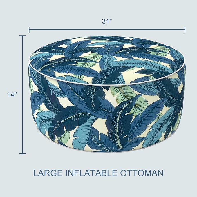 LVTXIII Indoor/Outdoor Inflatable Ottoman, D31 x H14 Inch Large Round Ottoman, All Weather Foot Rest Stool, Portable Footrest for Patio, Garden, Camping and Home - Swaying Palms Blue-Ruum Studio Home
