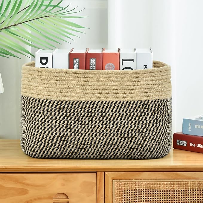 Storage Basket,Woven Baskets for Storage,Cotton Rope Baskets for Organizing,book,towel Basket,Toy Basket or Storage Bins - 3 Pack,Black and Brown-Ruum Studio Home