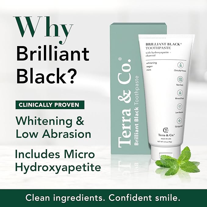 Terra & Co. Brilliant Black Hydroxyapatite Toothpaste for Whitening Teeth – USA-Made - Natural Remineralizing Toothpaste, Fluoride-Free, Vegan, SLS-Free, Low Abrasion – Mint, 3.4 oz-Ruum Studio Home