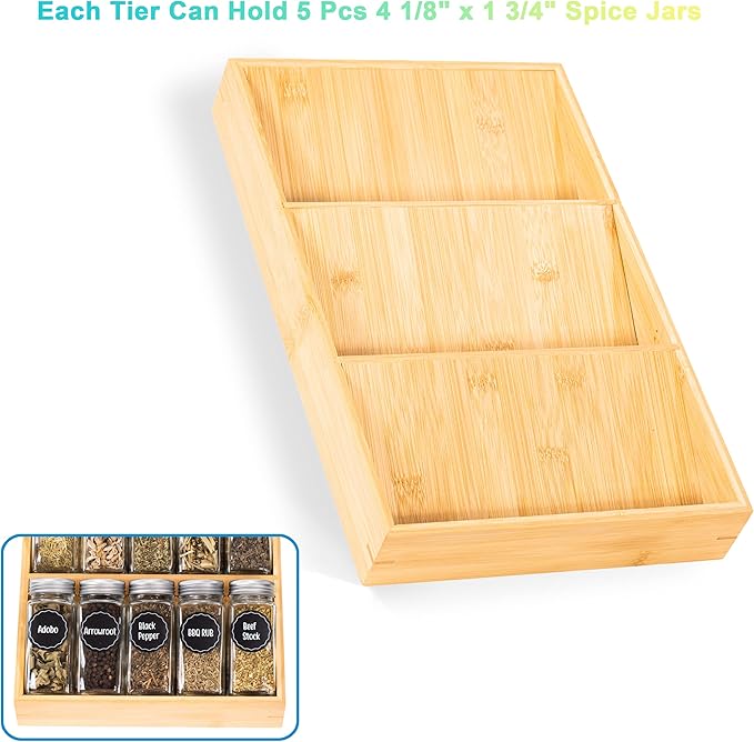 Bamboo Spice Rack Organizer for Drawer 3 Tier Bamboo Spice Tray Cabinet for Kitchen Storage and Organizer (Pre-Measure Your Drawer)(1 Pack, Drawer)-Ruum Studio Home