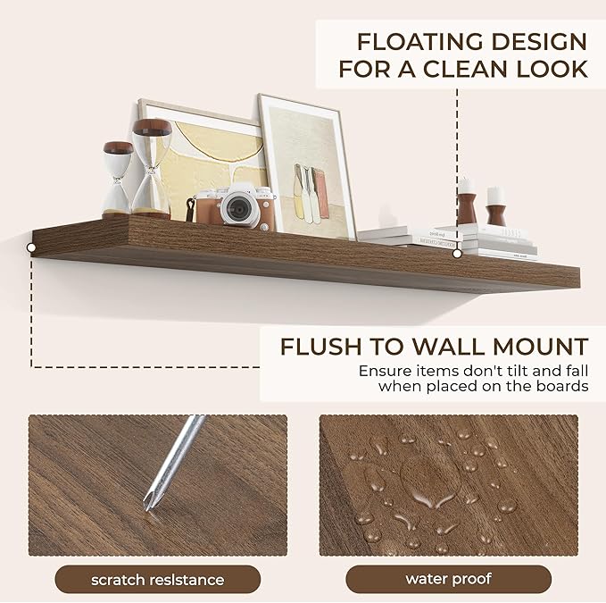 RICHFOCUS 55Inch Floating Shelves for Wall 2 Pack Shelves for Bedroom|Kitchen|Bathroom Wall Mounted Rustic Wood Floating Shelf with Invisible Brackets for Books|Storage|Decor, Walnut-Ruum Studio Home