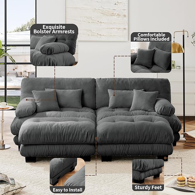 Loveseat Modular Sectional Sofa, U Shaped Couch with Ottoman, Cloud Couch Sectional Couch Home Sofa Living Room Oversized Couch Deep Seat Couch with Round Bolster Armrests 4 Pillows(Gray)-Ruum Studio Home