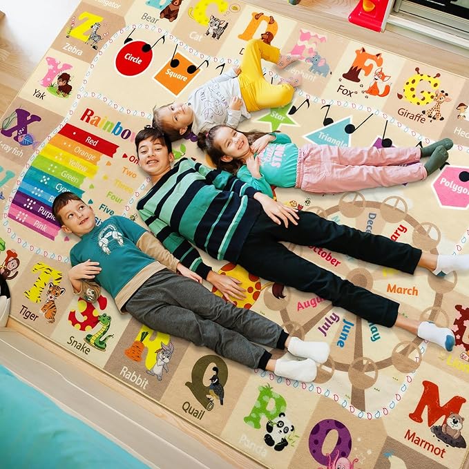 Kids Rugs for Playroom Washable, Educational and Fun Learning Rugs with ABC Alphabet Animals Shapes, Baby Toddler Children's Play Mat for Bedroom Classroom Nursery, 5x7 Feet, Beige and Pink-Ruum Studio Home