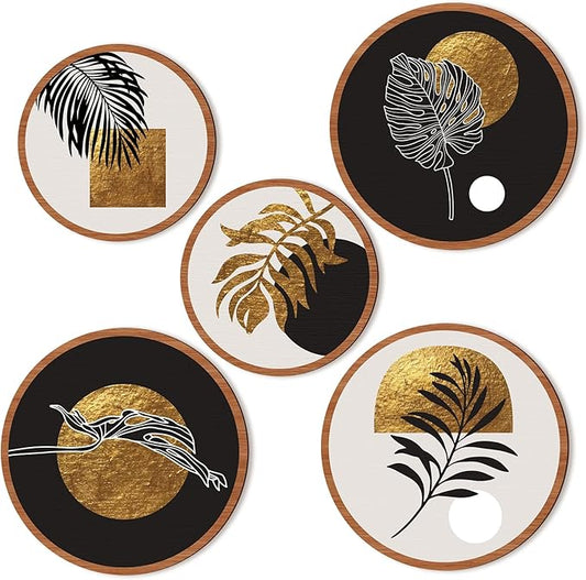 Qunclay 5 Pcs Wall Art Decor Wooden Living Room Wall Decor Bohemian Hanging Farmhouse Geometric 10'' and 8'' Aesthetic Wood Minimalist Posters for Bedroom(Rustic, Leaf)-Ruum Studio Home