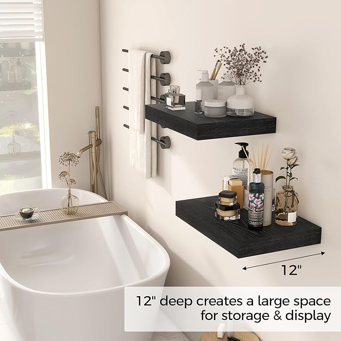 12 Inch Deep Black Floating Shelves, 16 x 12 Floating Shelf for Books, Rustic Wood Deep Wall Shelves for Home Storage & Display, 2" Thicked Shelves for Kitchen, Living Room, Bedroom, 2 Pack-Ruum Studio Home