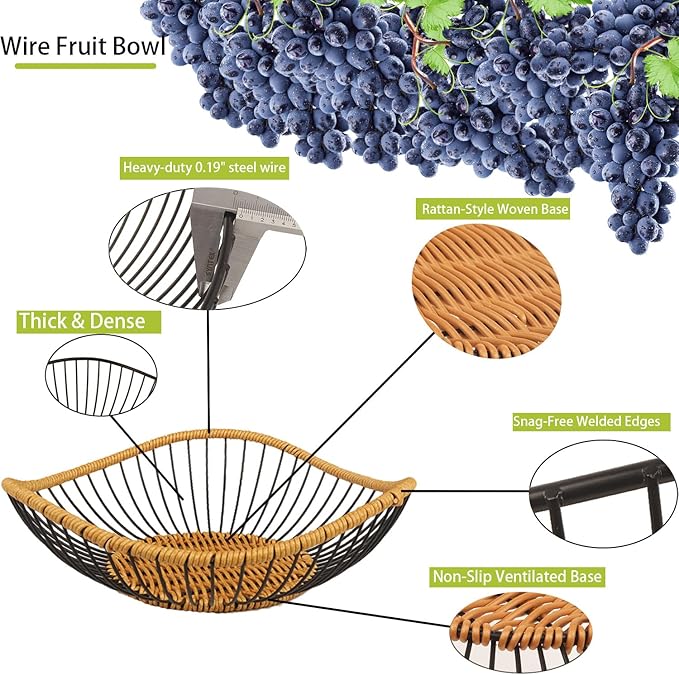 Vine Woven Iron Fruit Bowl, Metal Wire Fruit Basket, Vegetable Drain Basket, Storage Baskets for kitchen counter, countertop,Snacks, Candy, Bread,Cosmetics,Table decorative(12 x 3.7 Inches)-Ruum Studio Home