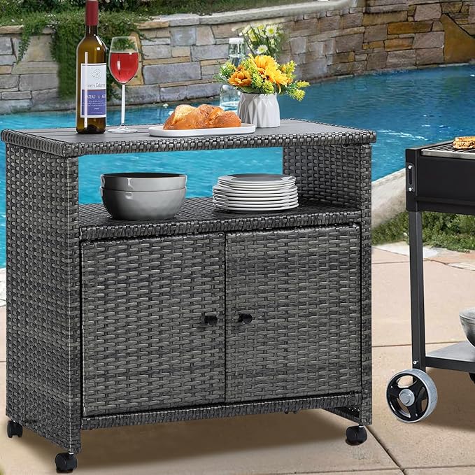 Outdoor Wicker Storage Cabinet,Patio Bar Table with Wheel, Outdoor Buffet Cabinet Movable, Garden Weather-Proof Bar Table/Cart for Indoor&Outdoor (Morden Gray)-Ruum Studio Home