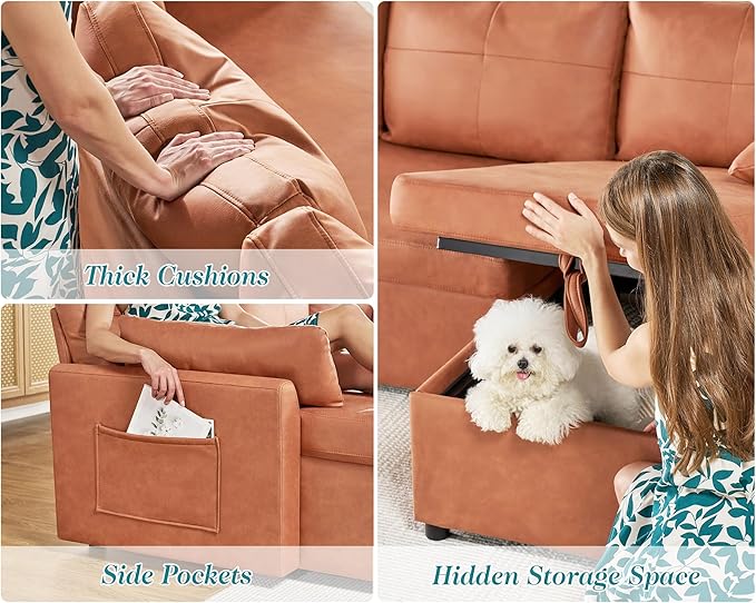 VanAcc Sleeper Sofa, Sofa Bed- 2 in 1 Pull Out Couch Bed with Storage Chaise, Sofa Sleeper Couch for Living Room, Brown Leathaire-Ruum Studio Home